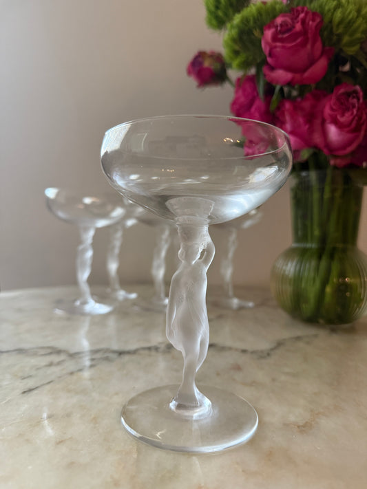 Set of 6Vintage Bayel France Champagne Coupes – Frosted Nude Stem Crystal Glasses