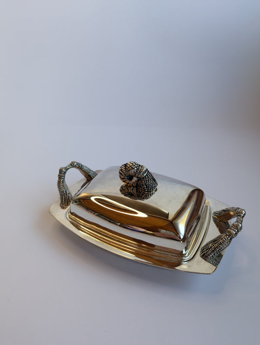 French Silver-Plated Butter Dish with Rope Handles – Vintage Covered Server with Nautical Knot Finial