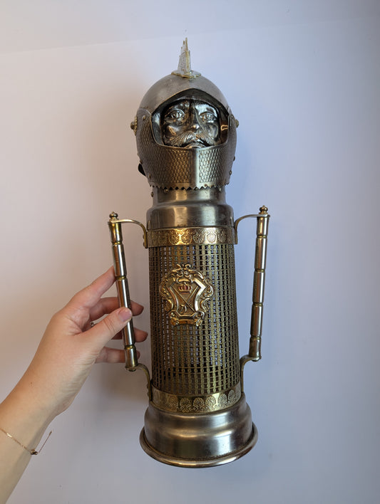 Silver-Plated Musical Wine Bottle Holder – Knight Armor Design with Crown Crest, Vintage Barware