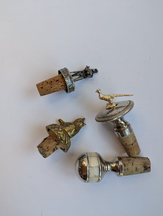 Title: Vintage Wine Bottle Stoppers – Set of 4 Ornate Mixed-Metal Cork Stoppers with Animal and Figurine Motifs