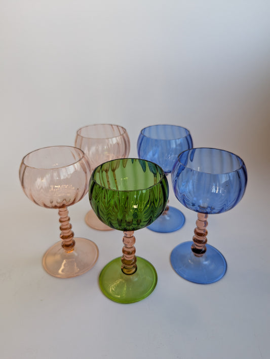 Bimini Hand-Blown Colored Glass Goblets – Set of 5 – Austrian Art Glass, Vintage Mid-Century Stemware