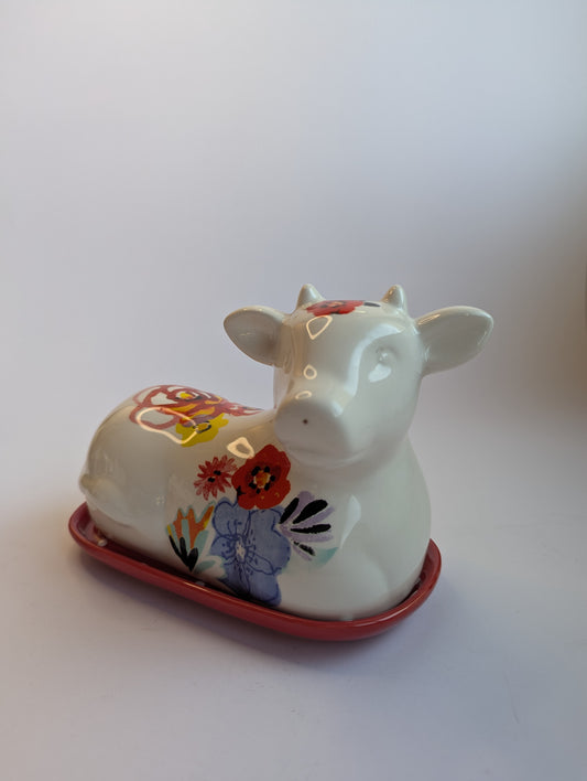 Ceramic Cow Butter Dish – Hand-Painted Polka Dot Base