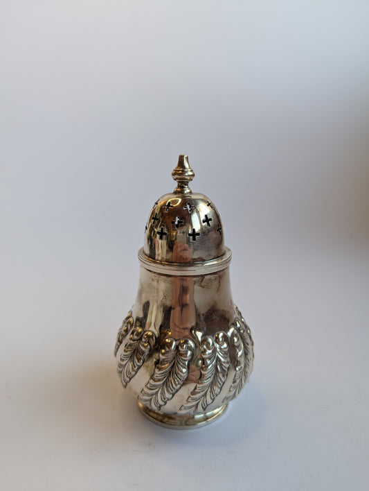 Vintage English Silver-Plated Sugar Shaker – E.P. Copper, Edwardian Style with Ornate Leaf Repoussé Design