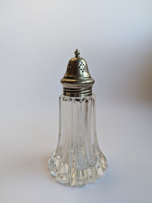 Vintage English Glass Sugar Shaker with Silver-Plated Lid – Powdered Sugar Dispenser
