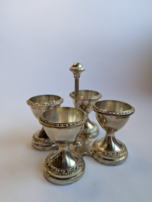 Vintage Silver-Plated Egg Cup Set with Stand – Ornate 4-Piece Breakfast Server, Classic English Tableware