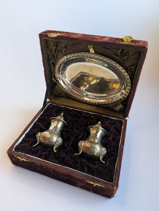 Vintage Silver-Plated Salt & Pepper Set with Tray – Ornate Footed Design in Velvet Box, Collectible Gift Set