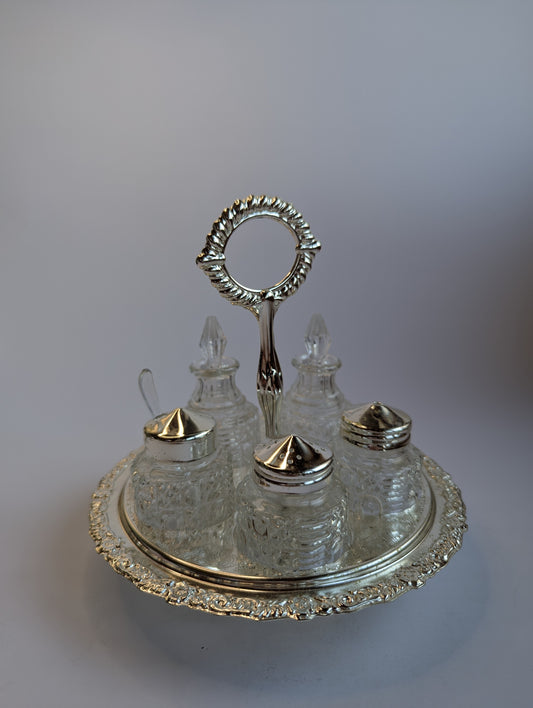Vintage Silver-Plated Condiment Set with Glass Jars – Ornate Rotating Caddy with Handle