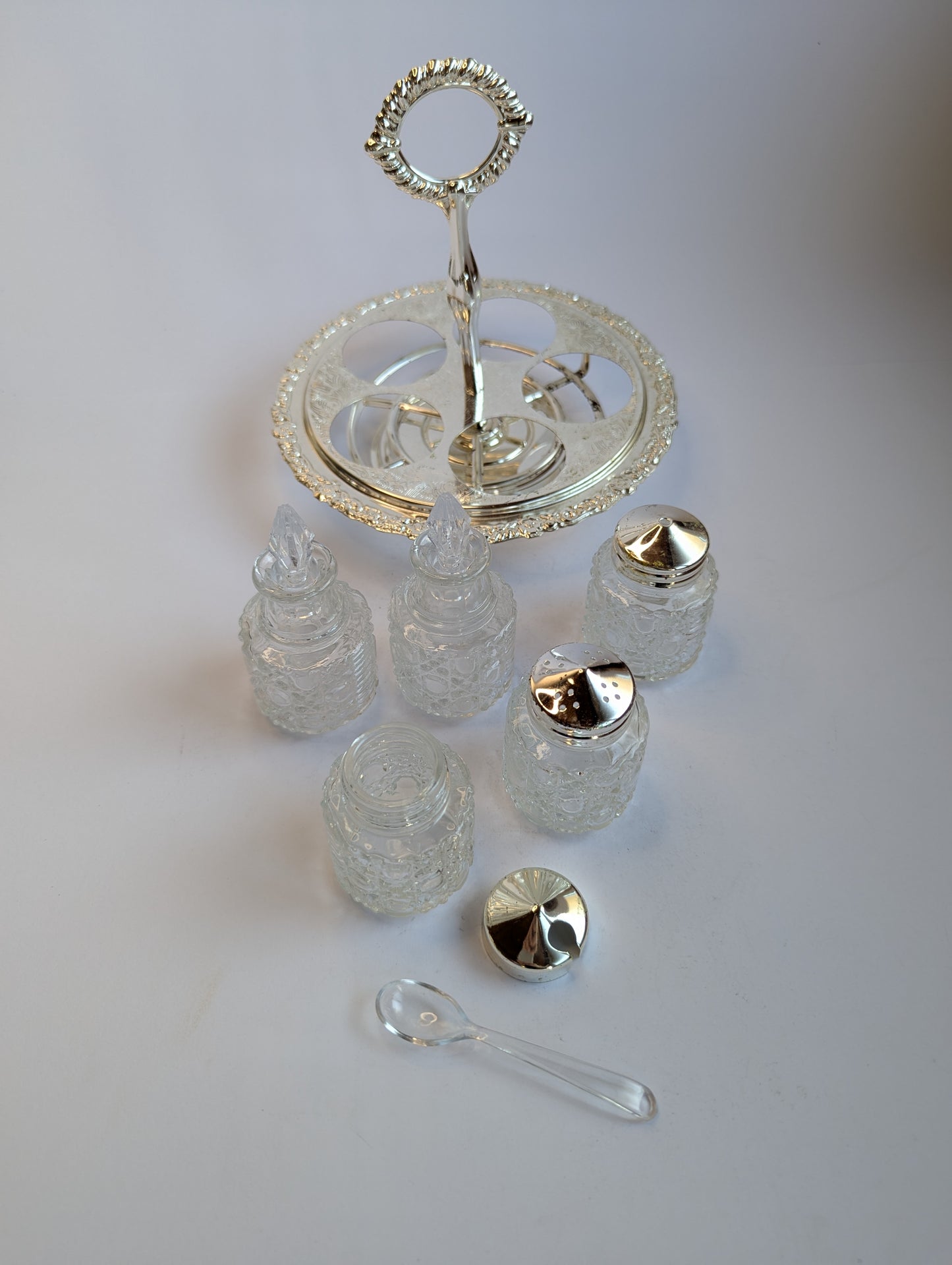 Vintage Silver-Plated Condiment Set with Glass Jars – Ornate Rotating Caddy with Handle