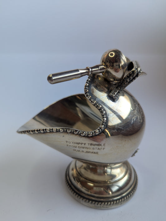 Vintage English Silver-Plated Sugar Scuttle with Spoon – Engraved HMS Drake Presentation