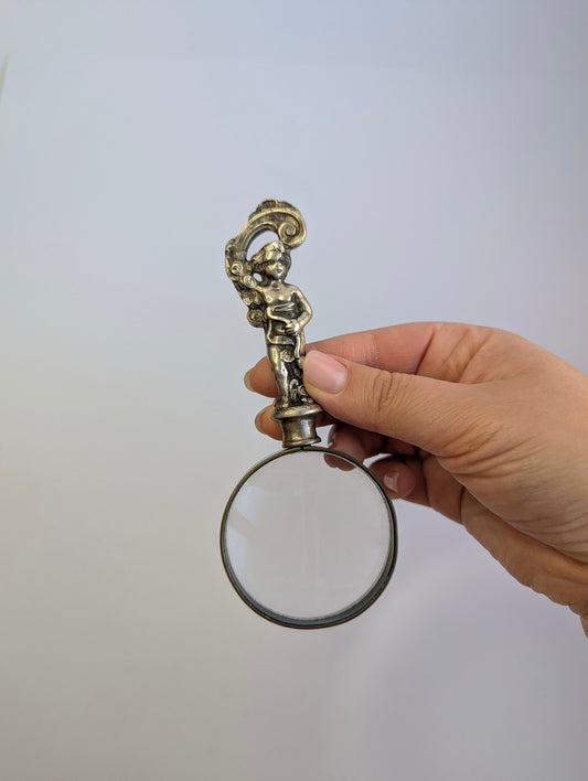 Antique Silver-Plated Cherub Magnifying Glass – Ornate Baroque Desk Accessory