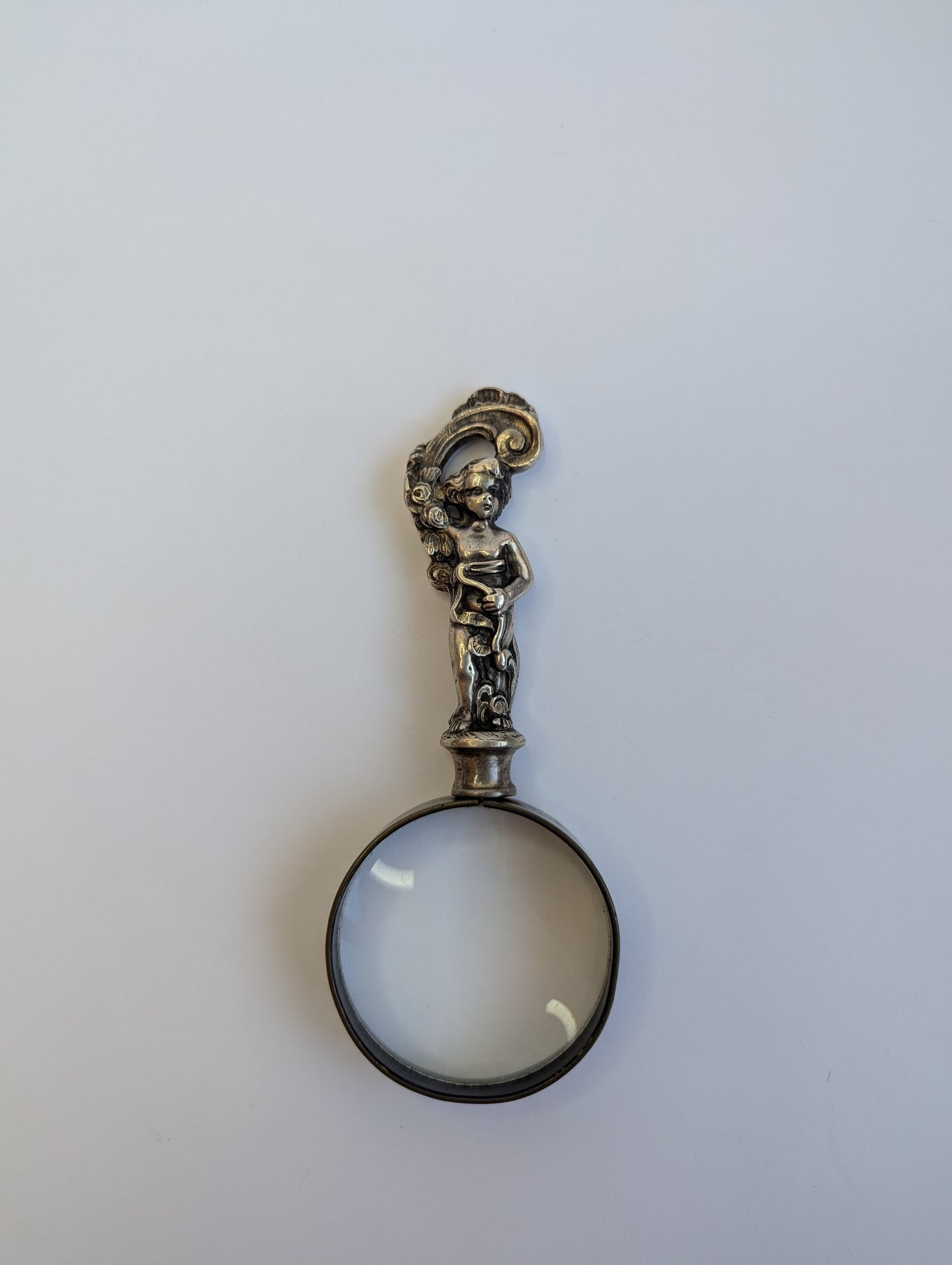 Antique Silver-Plated Cherub Magnifying Glass – Ornate Baroque Desk Accessory