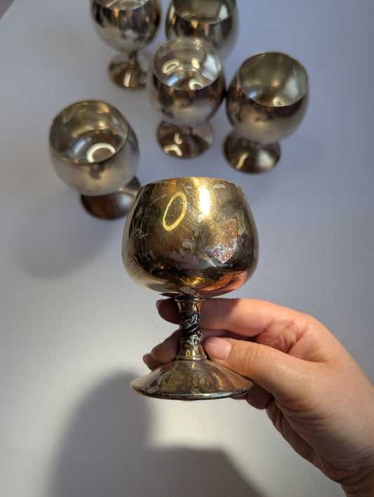 Set of 6 Vintage Silver-Plated Brandy Goblets – Twisted Stem Cognac Glasses