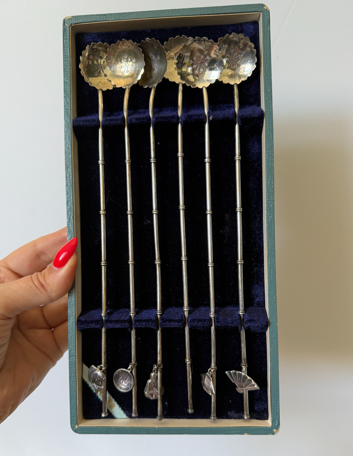 1950s Japanese Sterling Silver Cocktail Stirring Spoons – Set of 6 with Charms, Straw-Style Design