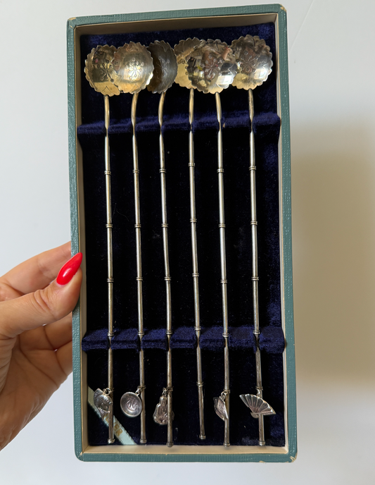 1950s Japanese Sterling Silver Cocktail Stirring Spoons – Set of 6 with Charms, Straw-Style Design